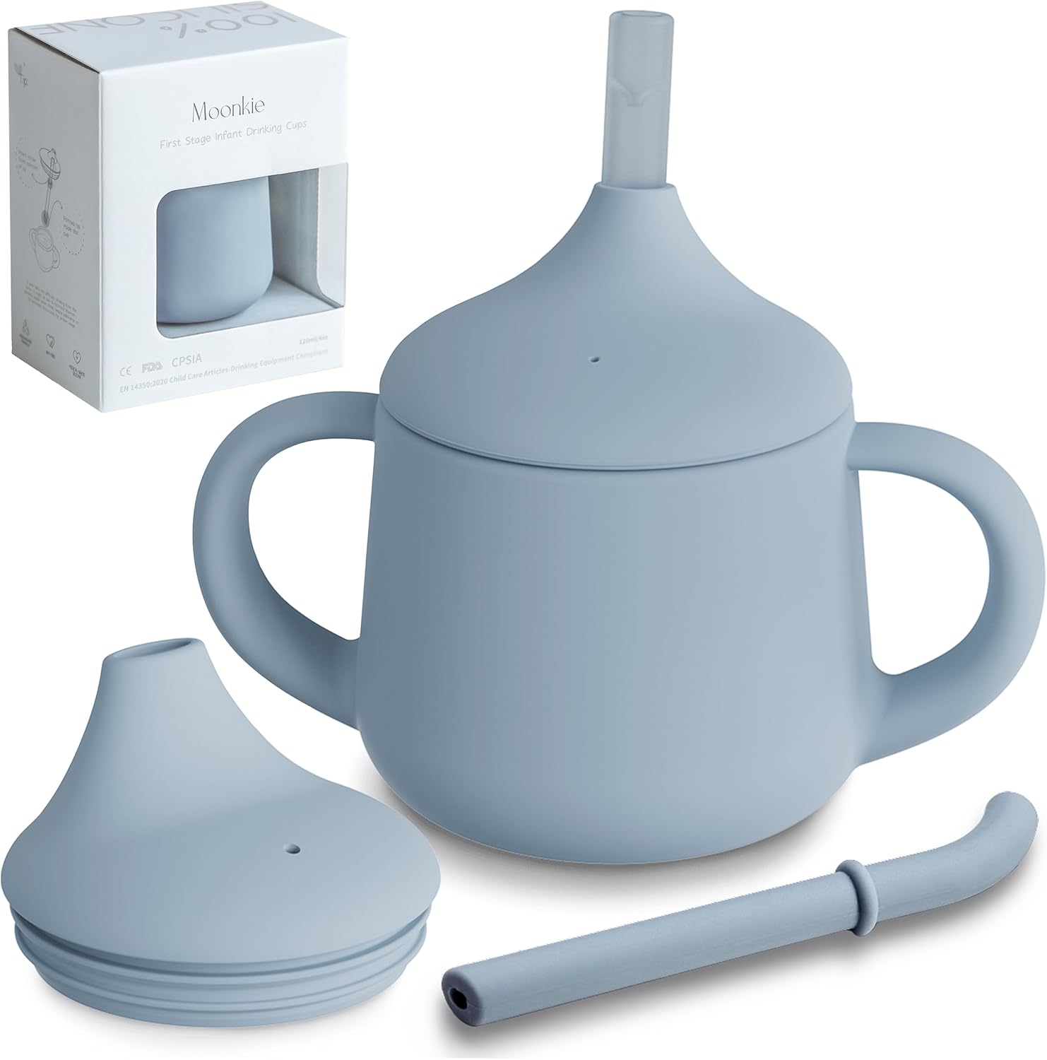 Moonkie silicone baby sippy cup in ether light blue front view