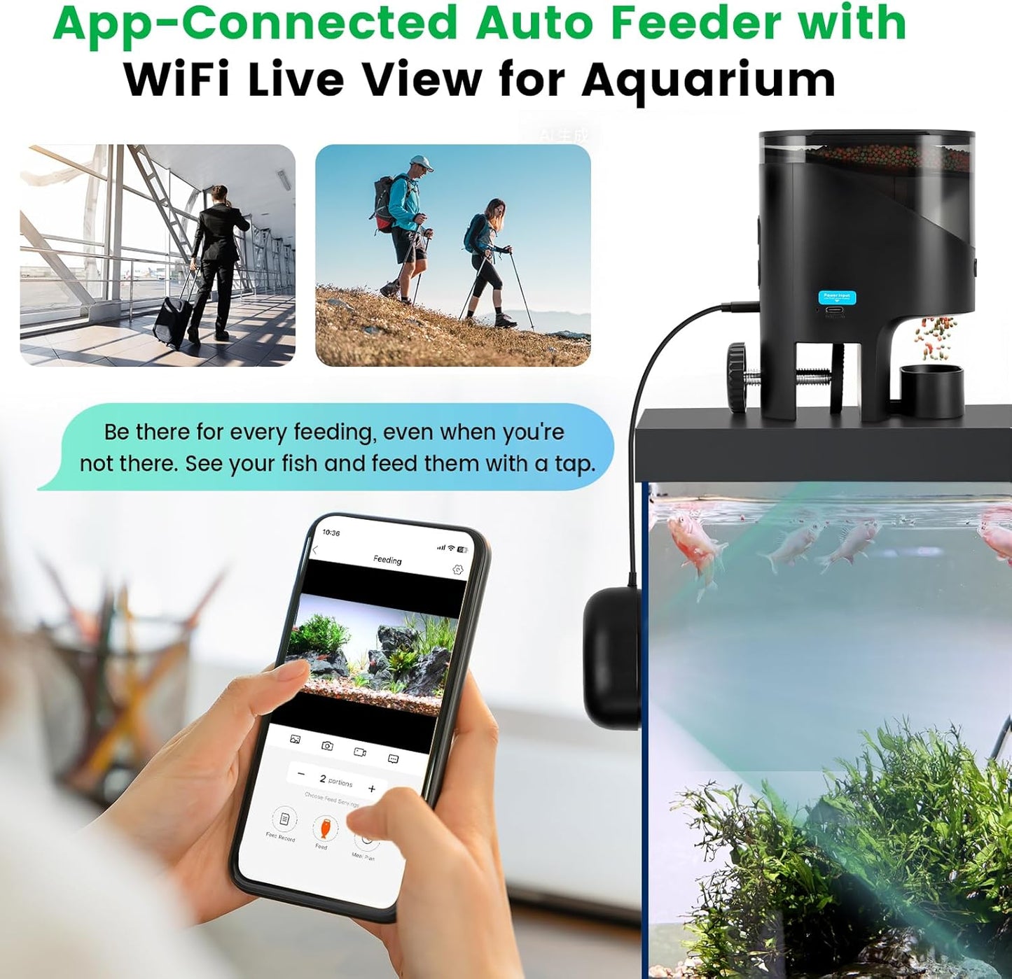 Fishkeeper aquarium feeder for turtle showing real-time video monitoring on a mobile phone screen.