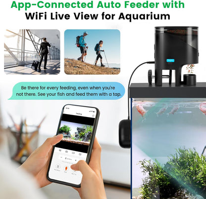 Fishkeeper aquarium feeder for turtle showing real-time video monitoring on a mobile phone screen.