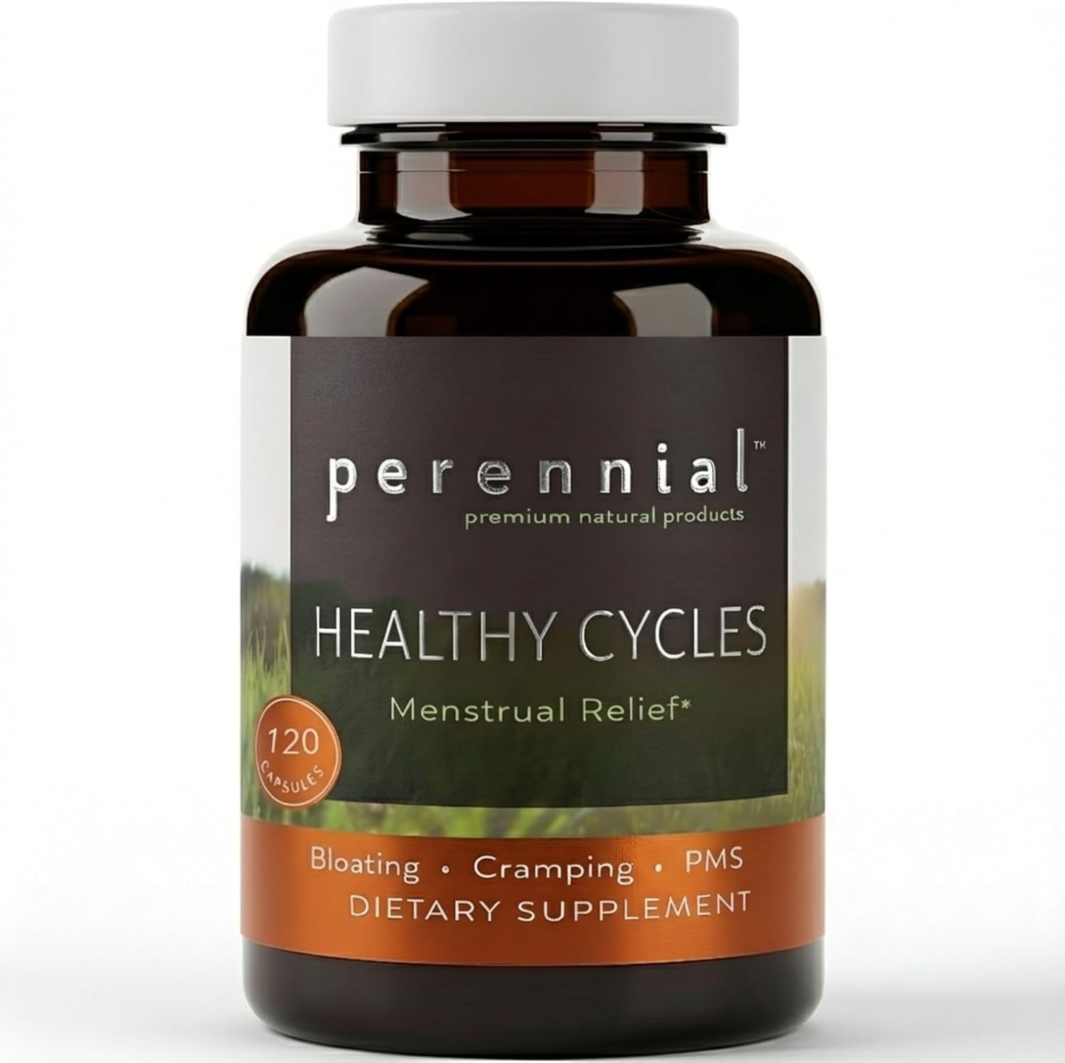 Perennial Healthy Cycles front view showing silver label on herbal supplement bottle for period care