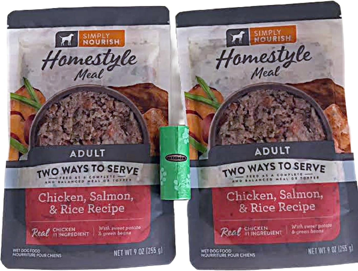 Nine ounce Simply Nourish wet dog food pouch detail