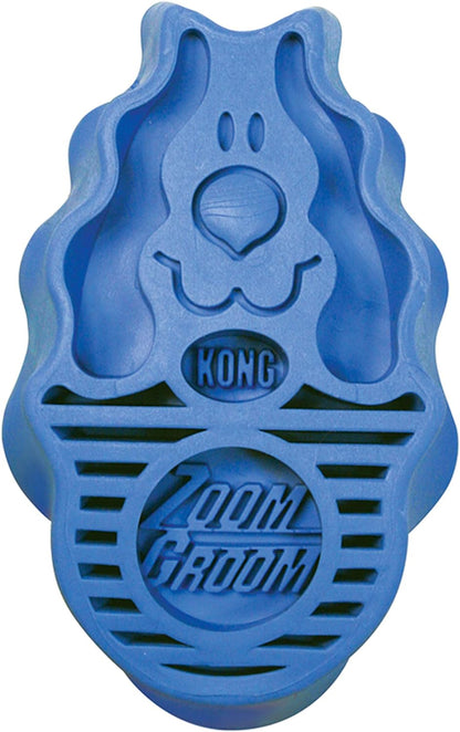 KONG ZoomGroom multi use dog grooming and shampooing brush angled product shot.