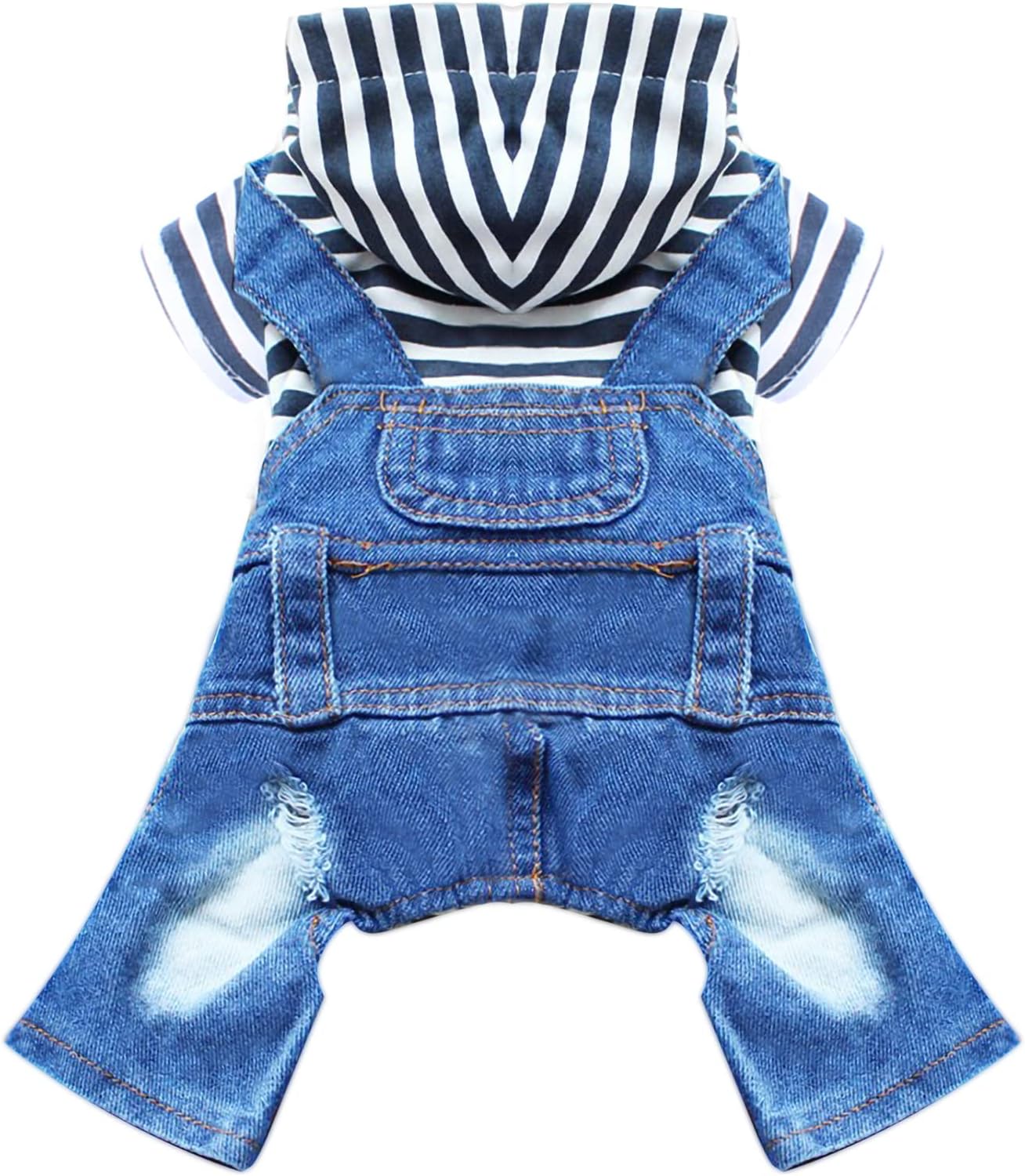 Doggyzstyle small dog hoodie clothes blue striped denim jumpsuit front view