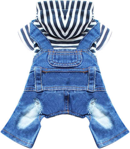 Doggyzstyle small dog hoodie clothes blue striped denim jumpsuit front view