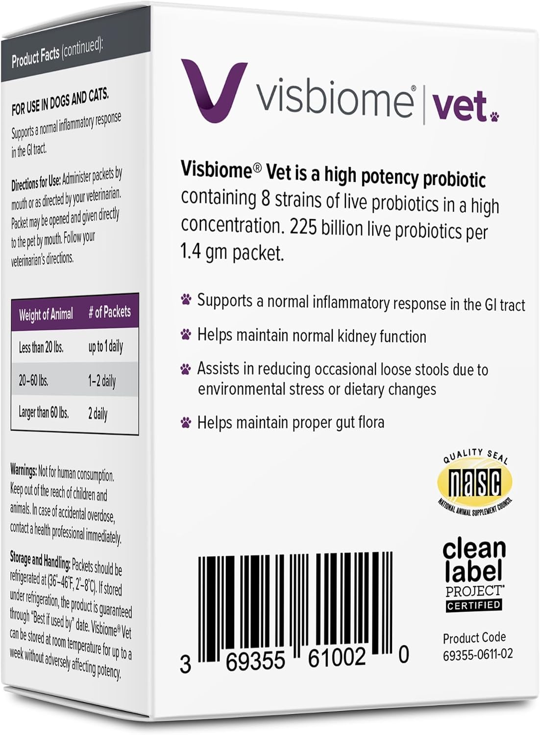 Visbiome high potency dog and cat gut supplement rear view