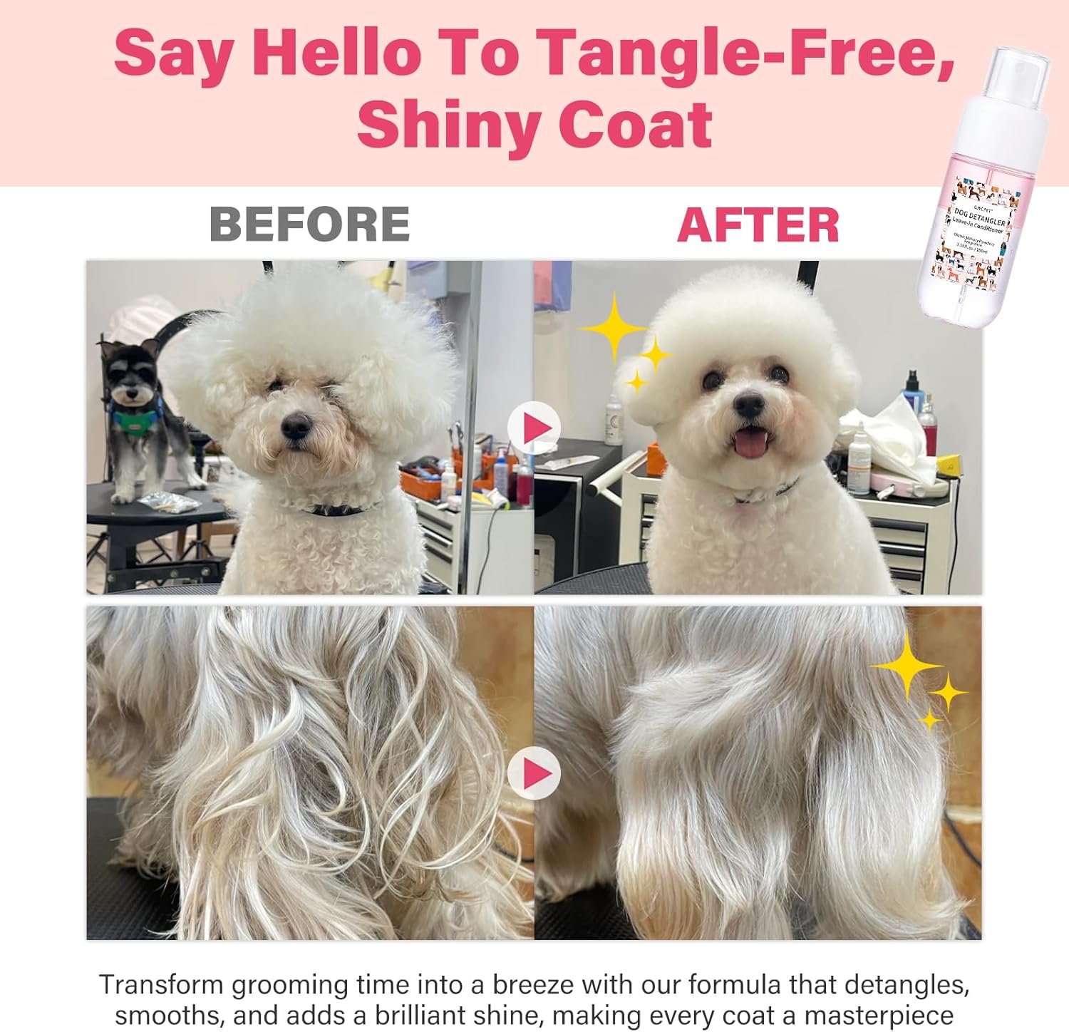 Back label of GJYC PET dog grooming spray displaying usage instructions and natural oil ingredients.