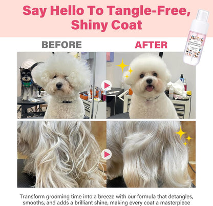 Back label of GJYC PET dog grooming spray displaying usage instructions and natural oil ingredients.