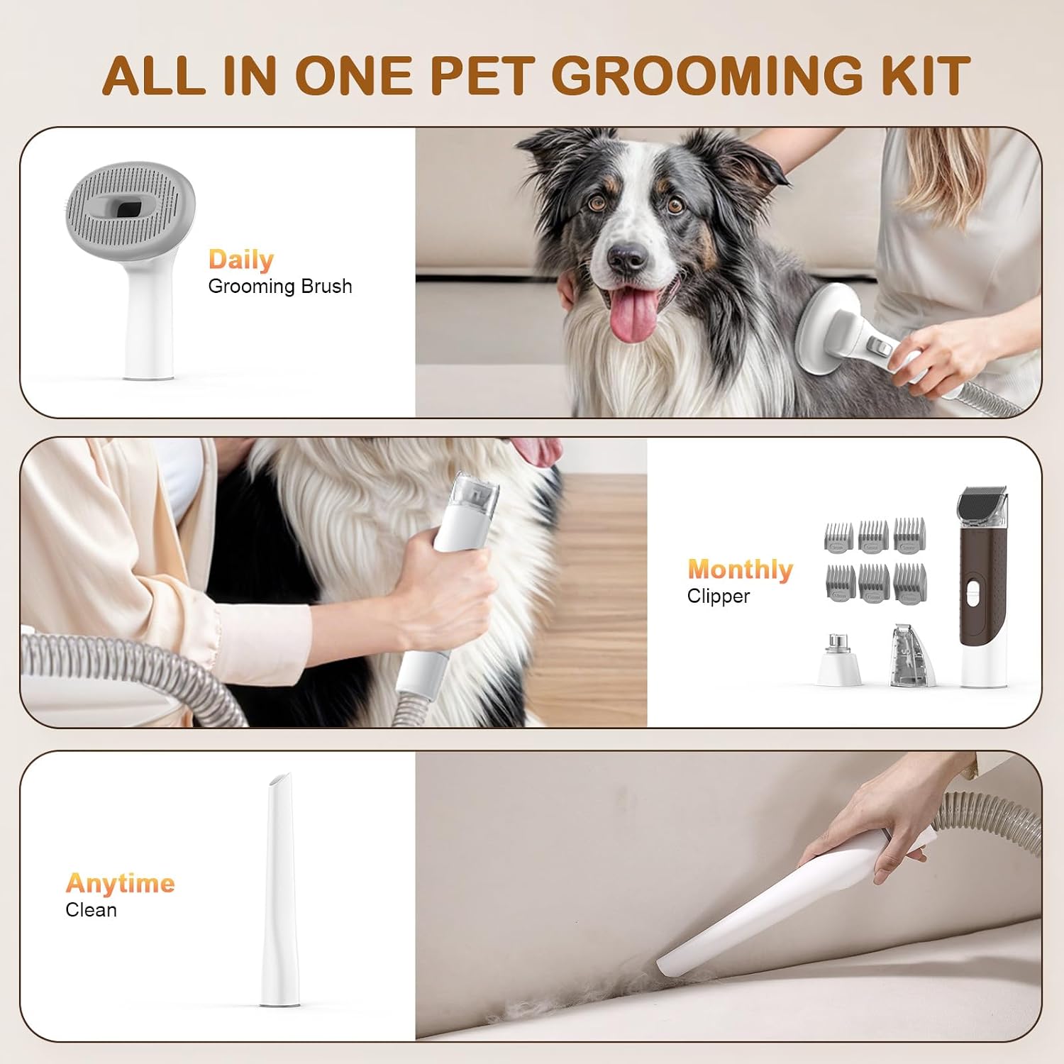 Ozumek low noise pet vacuum system being used on a sensitive dog