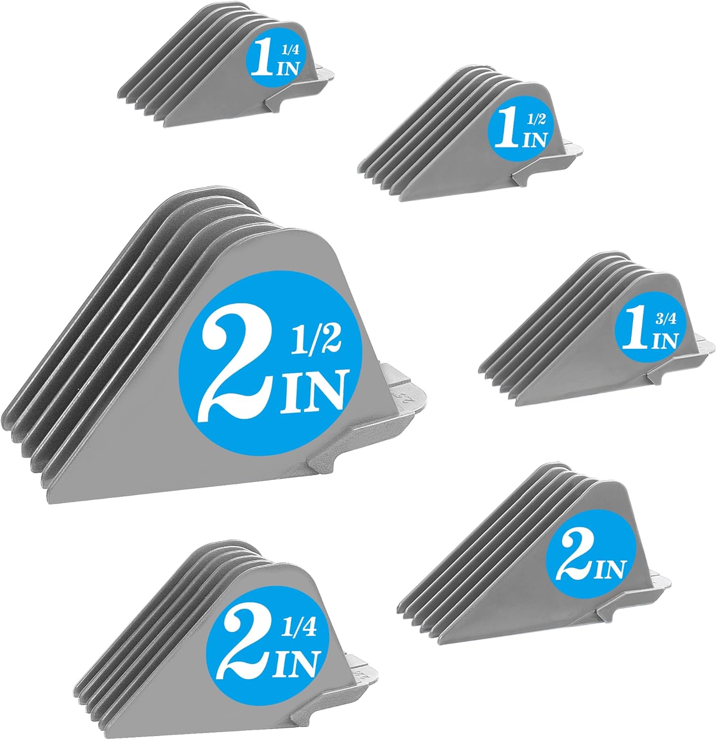 CR8GR8 extra long hair clipper guards six piece set showing front view of gray attachments.