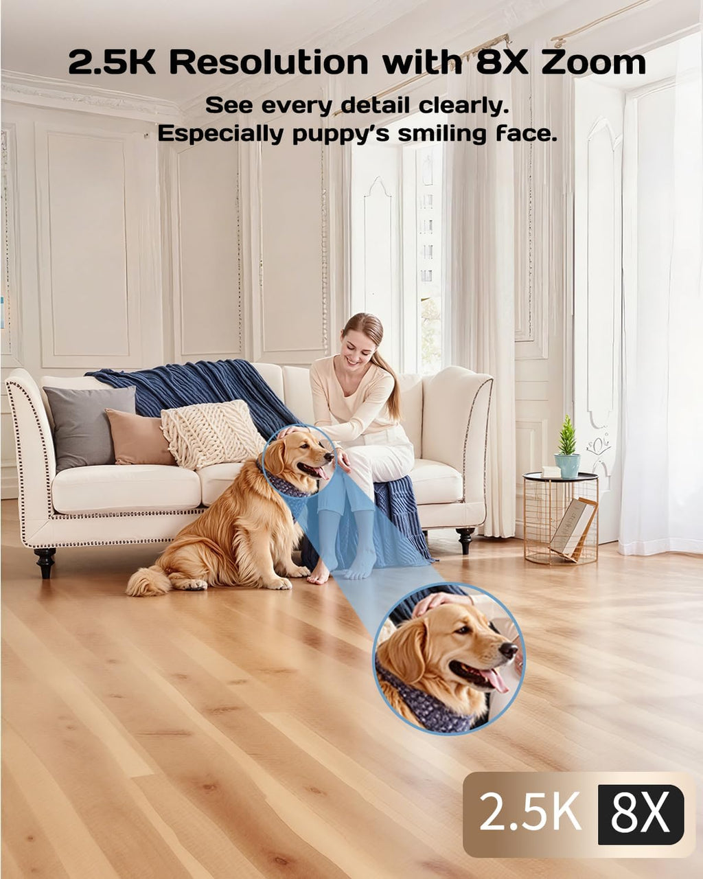 Vimtag 2.5K security camera showing 360-degree pan and tilt design