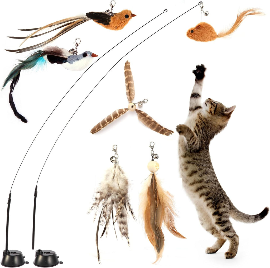 Maiguangta interactive bird simulation cat toy set front view showing suction base and feather attachments.