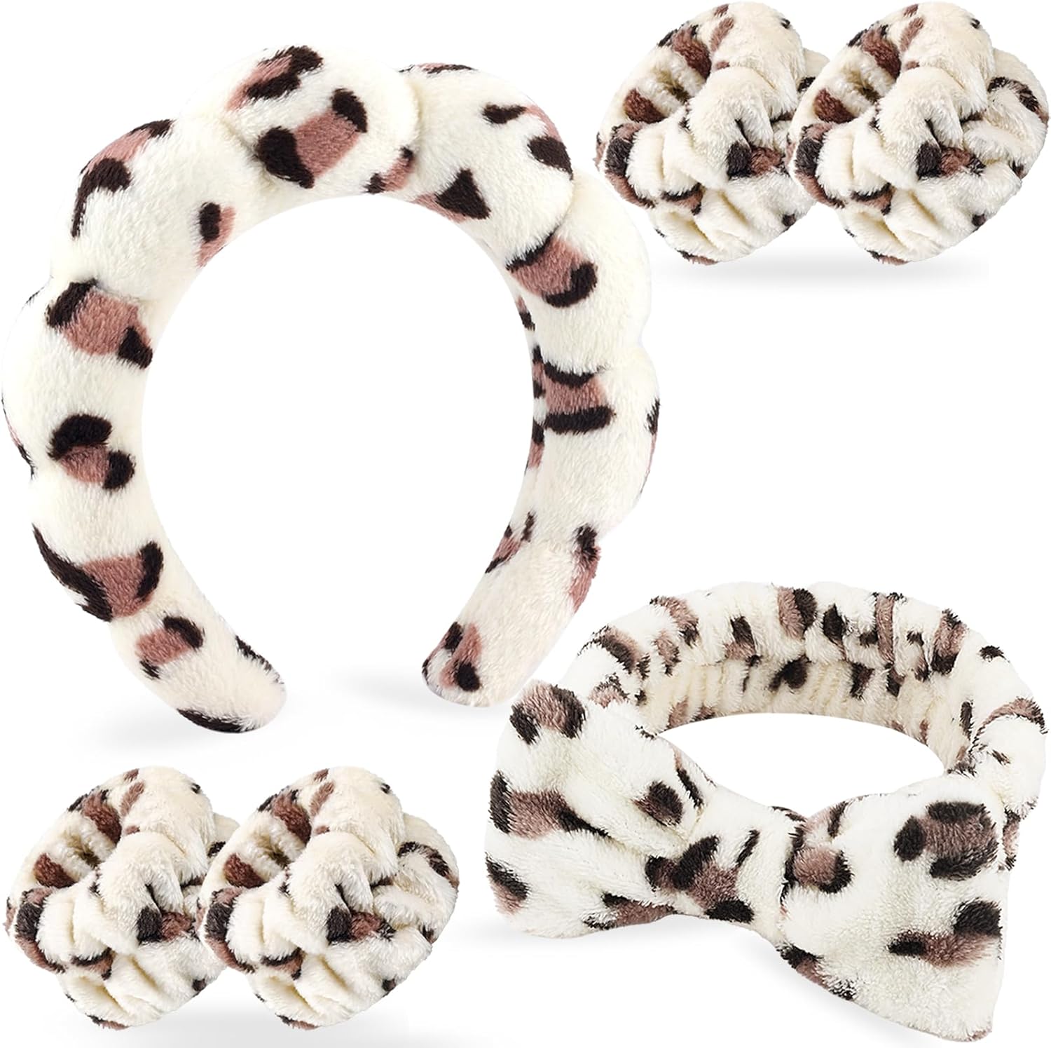 Zkptops 6 piece spa headband and wristband set in beige leopard print front view