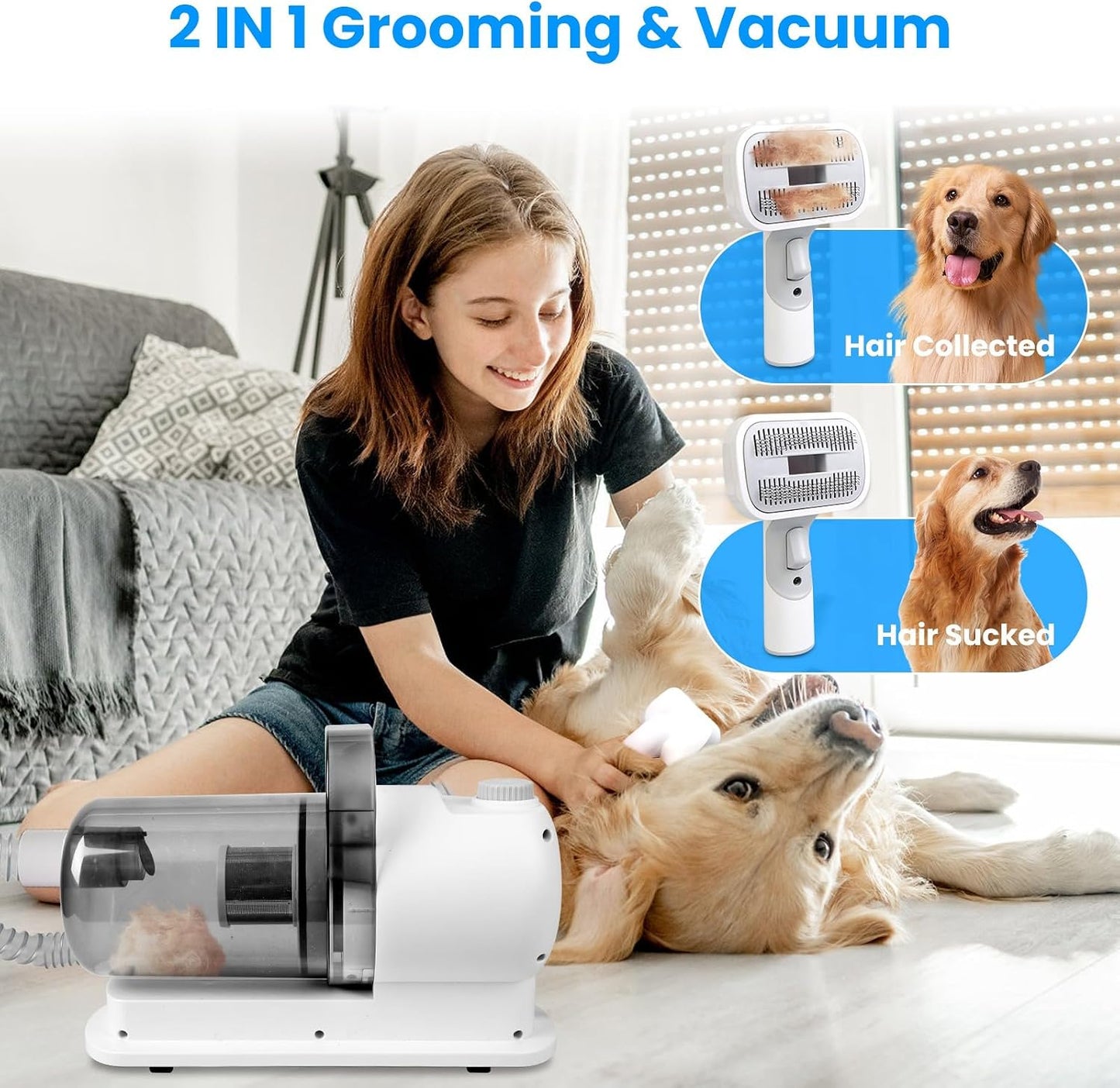 Moclever pet grooming system displaying all seven interchangeable styling and cleaning attachments.