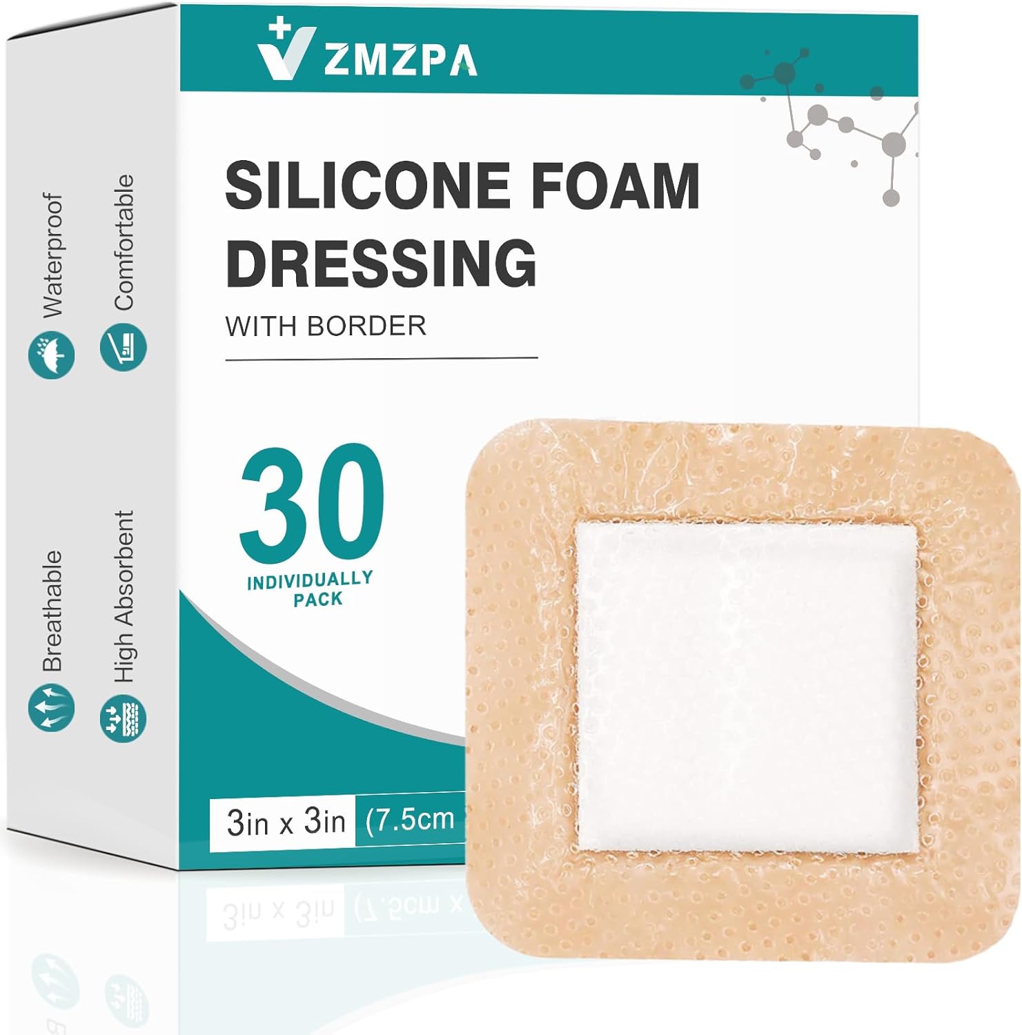 ZMZPA silicone foam dressing 3x3 gentle border front view packaging for wound care