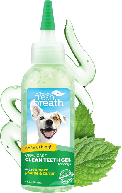 Authentic TropiClean dog dental hygiene gel packaging close up view.
