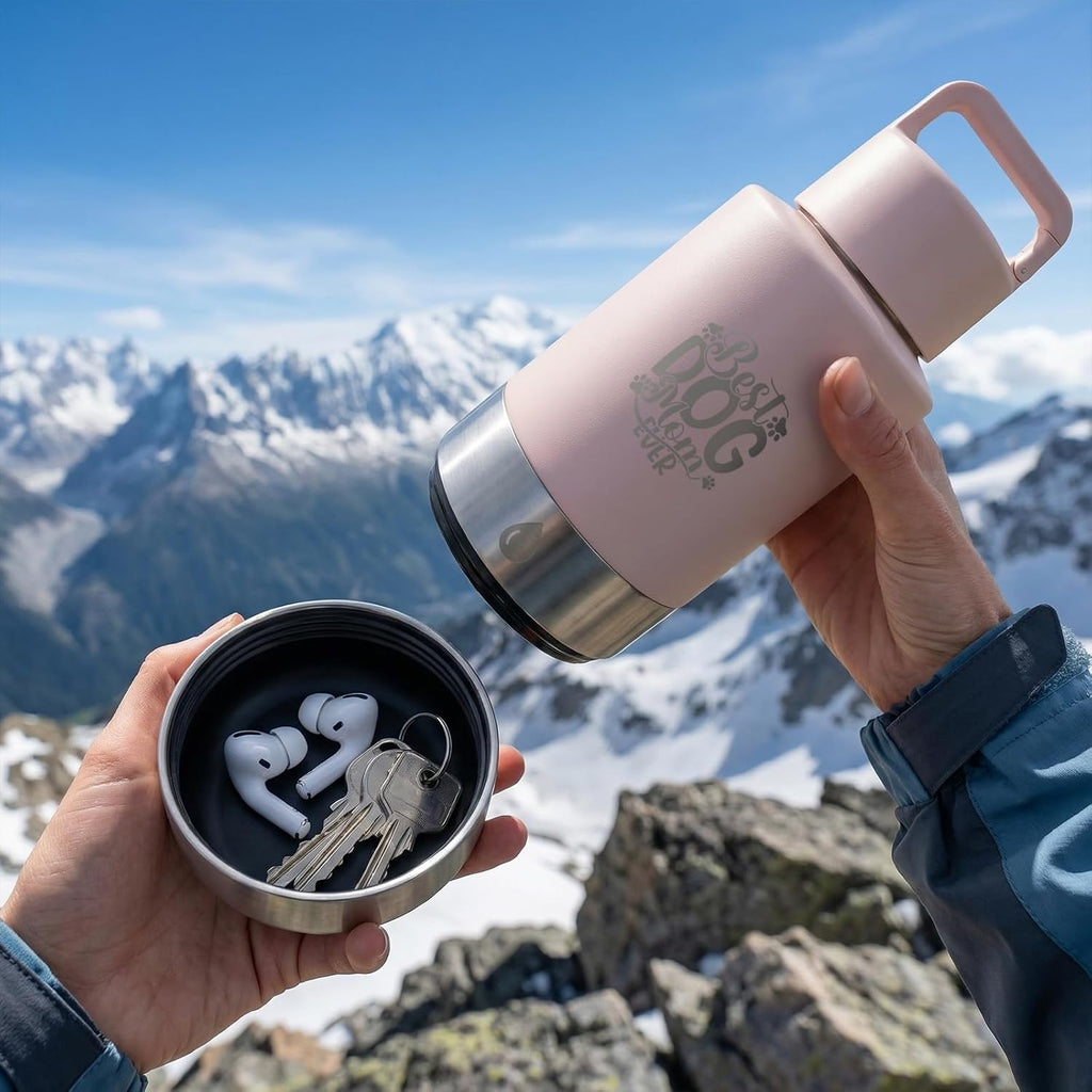 FUYEC pink dog mom gift water bottle showing its rugged rust-resistant metal body construction