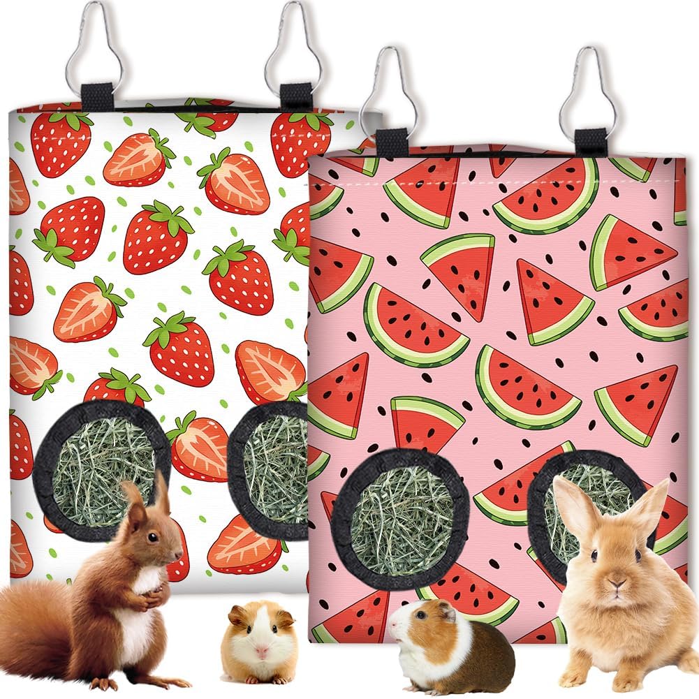 2Pcs 2 Styles Small Pet Hanging Hay Bag Pink Hay Feeder Bag with 2 Holes Bowknot Pattern Cloth Washable Rectangle Feeding Storage for Rabbit Chinchillas Hamsters Guinea Pigs 12 x 9 Inch - Image 12