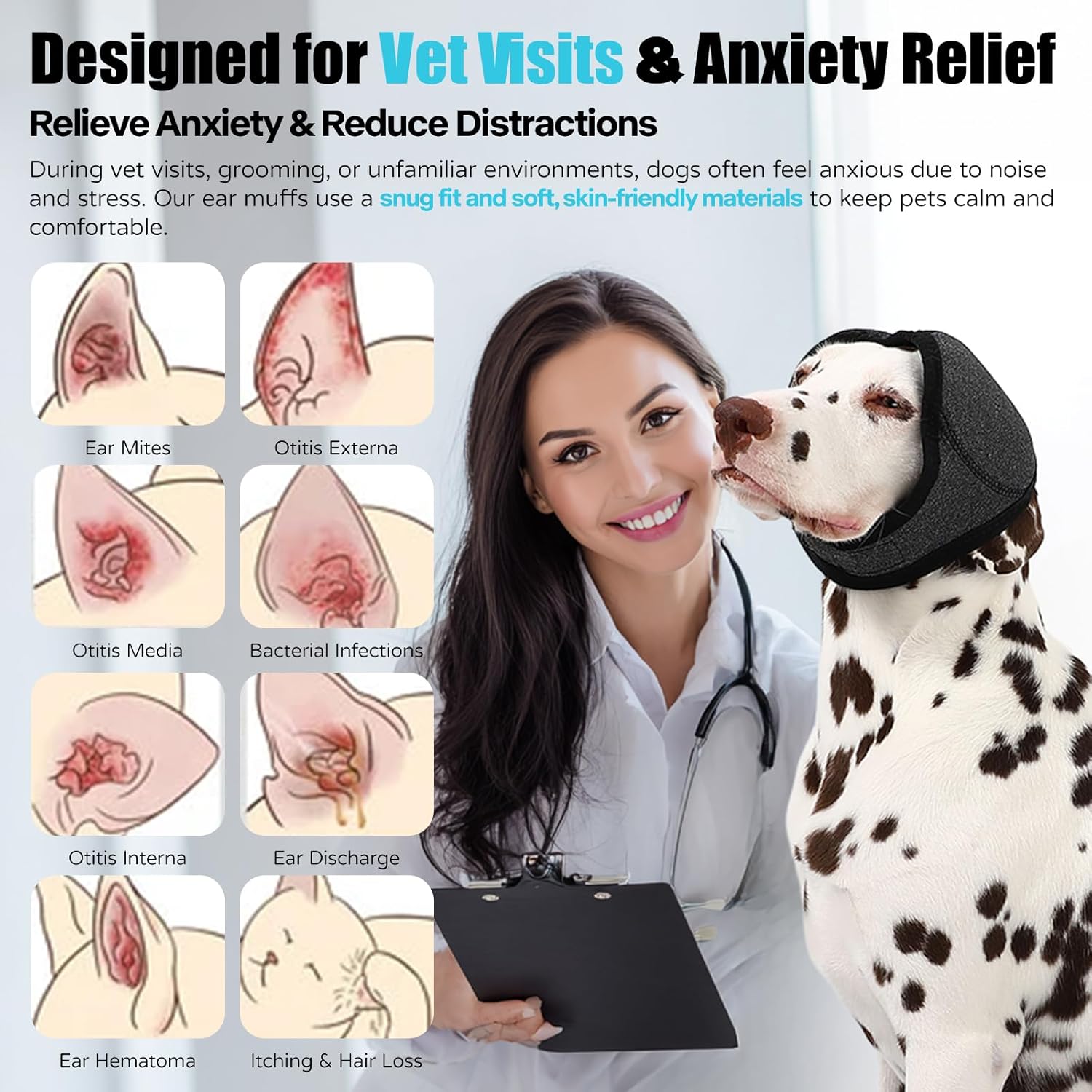 Dog wearing grey ear wrap for hematoma recovery