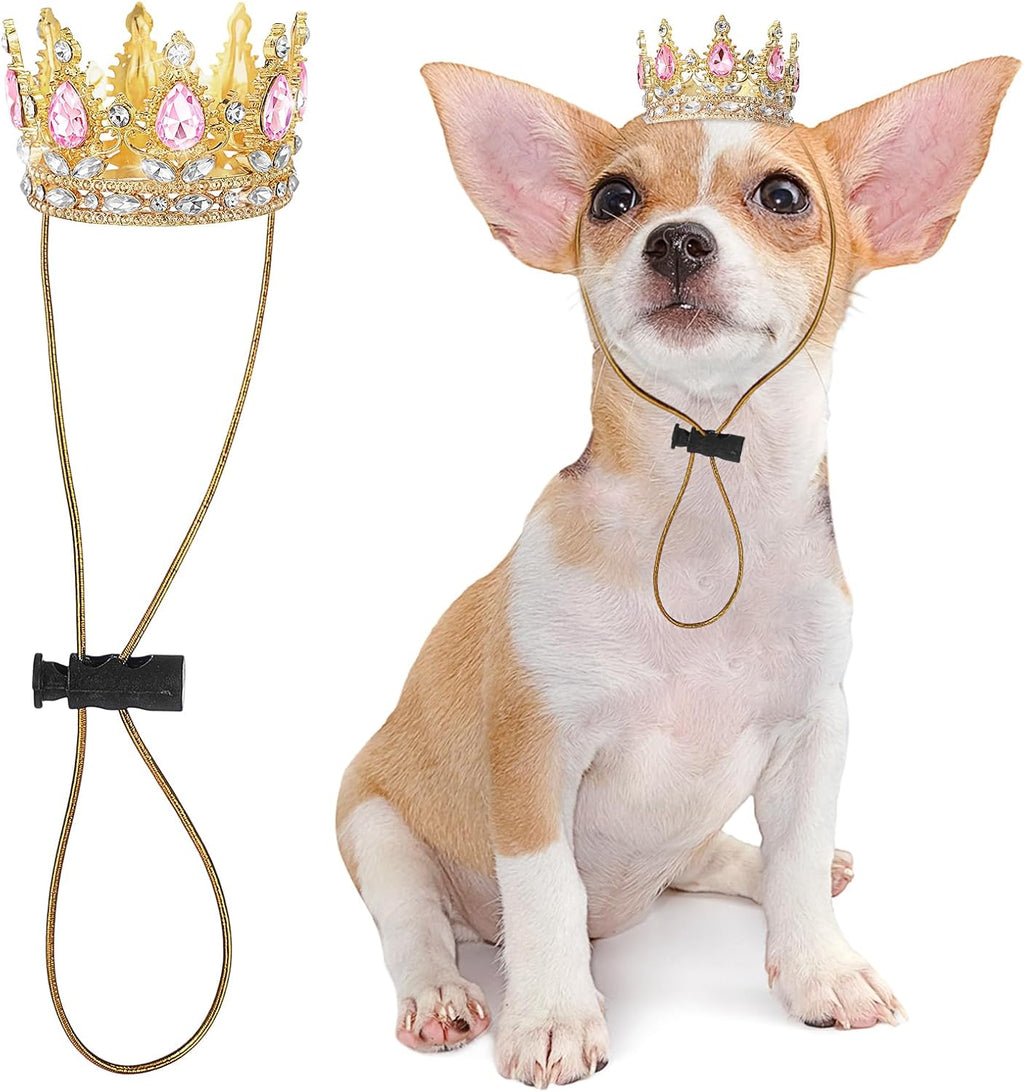 Abbylike Pet Rhinestone King Crown front view showing pink crystals and gold base