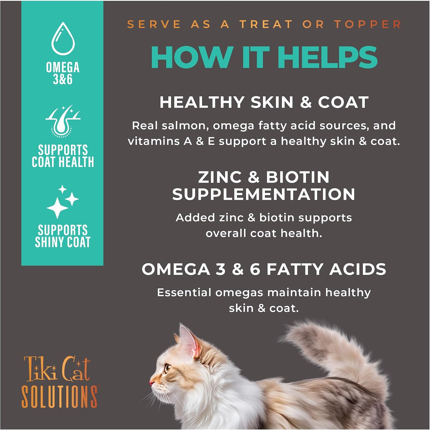 Lickable mousse cat treat with zinc and biotin by Tiki Pets USA imported