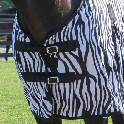 Underbelly perspective of the adjustable belly surcingle straps on the Country Pride horse fly blanket.