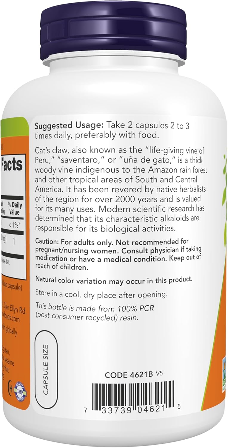 Now Foods Uncaria tomentosa bark extract supplement side profile