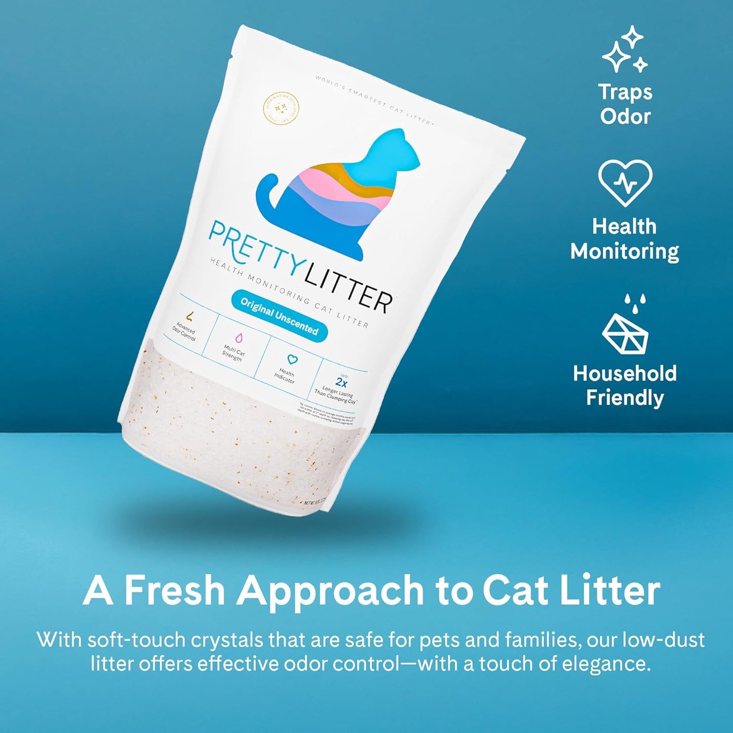 PrettyLitter unscented cat litter in a clean litter box
