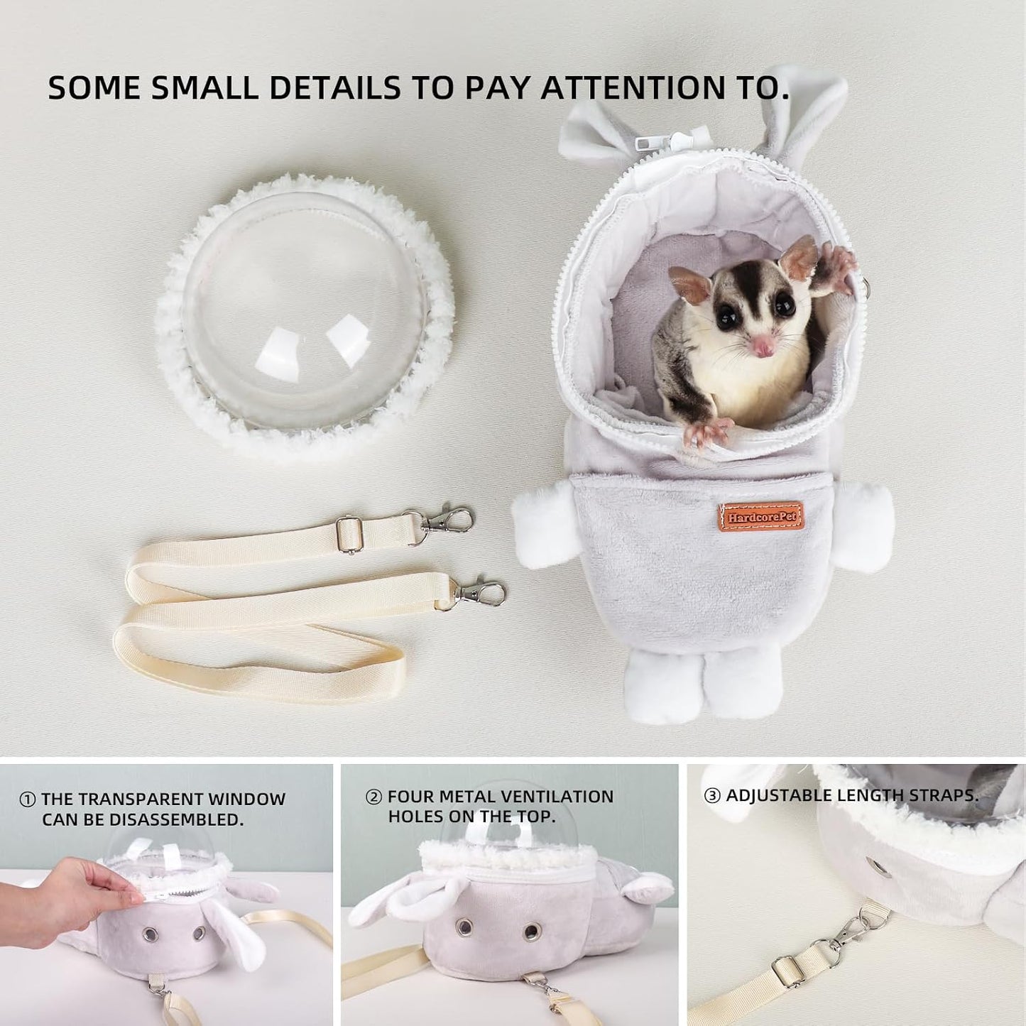 Hamster Carrier Rat Bag Cute Rabbit Shape Small Animal Sugar Glider Travel Pouch Gerbil Hedgehog Portable Travel Carrier Outdoor Hangbag Grey Squirrel Rat Carrier (Grey) - Image 4