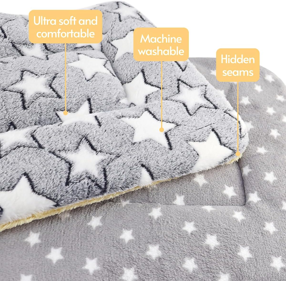 Washable kitten blanket spread out on a living room sofa showing plush fabric texture.