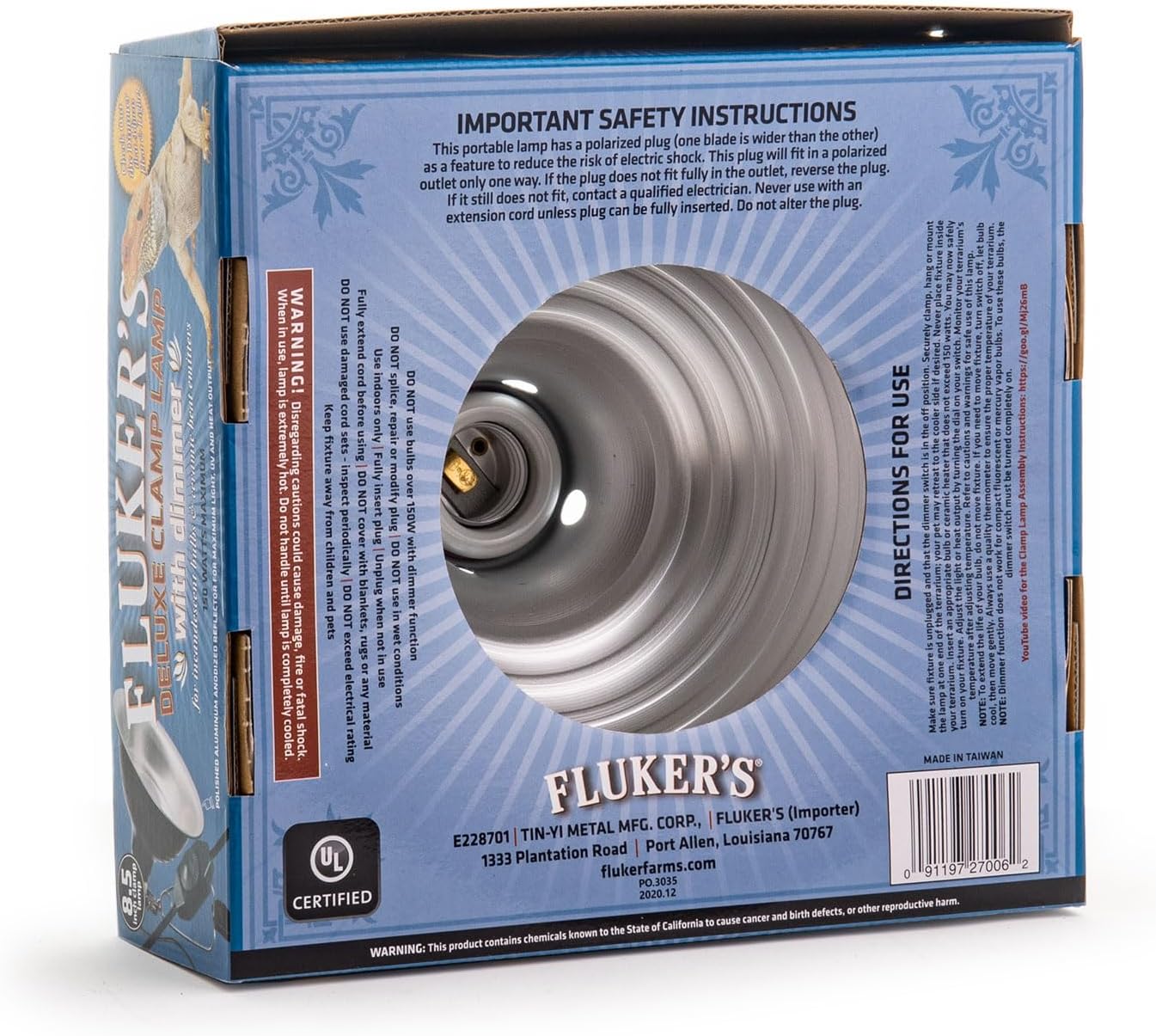 Fluker's reptile basking clamp lamp with dimmable switch close up