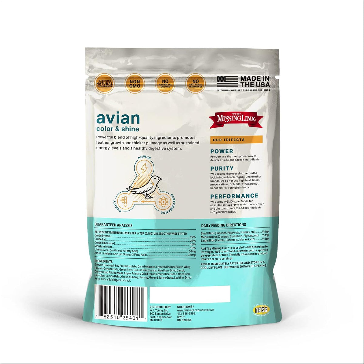 Small bowl showing texture of The Missing Link Avian superfood powder