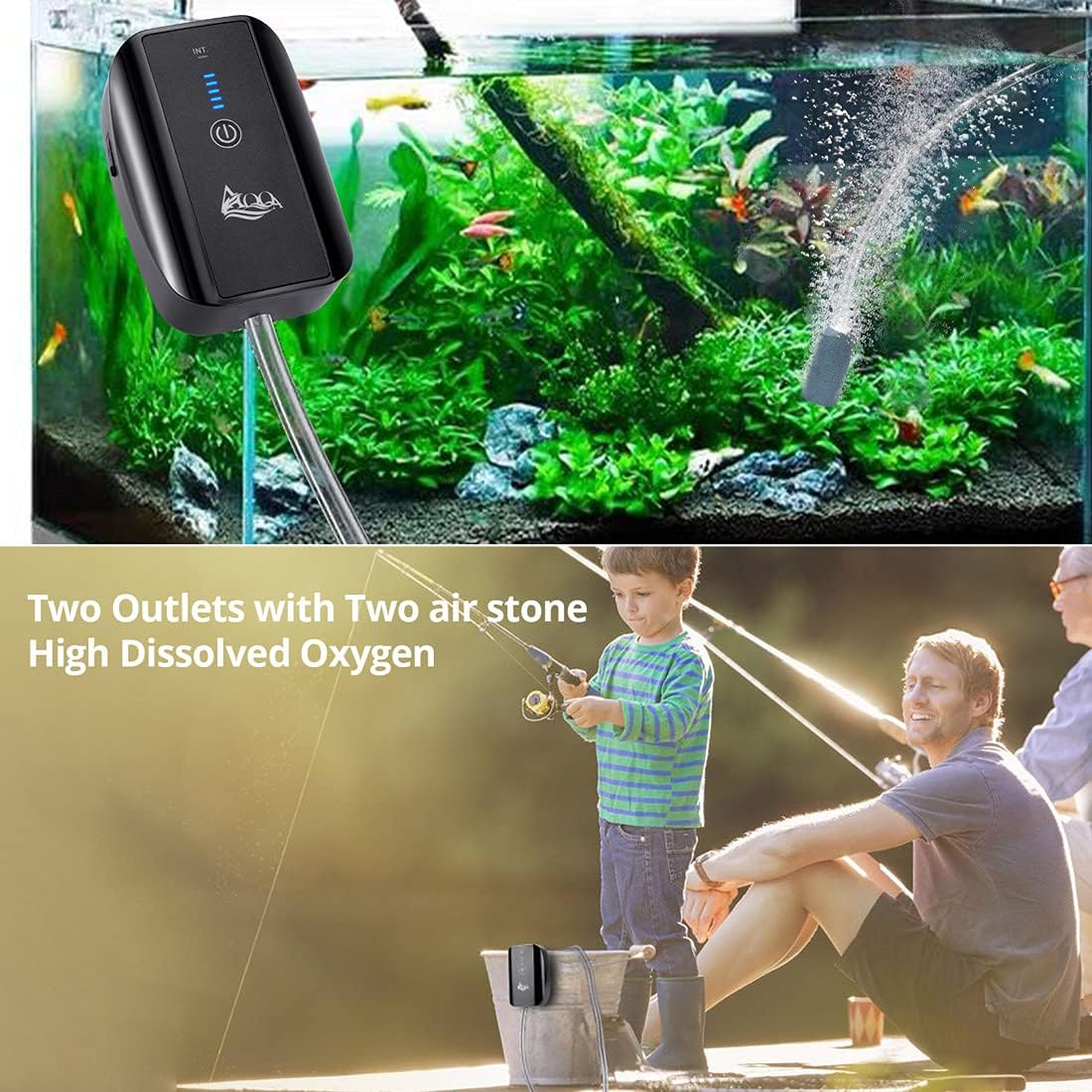 Side profile of AQQA fish tank air pump showing battery indicator