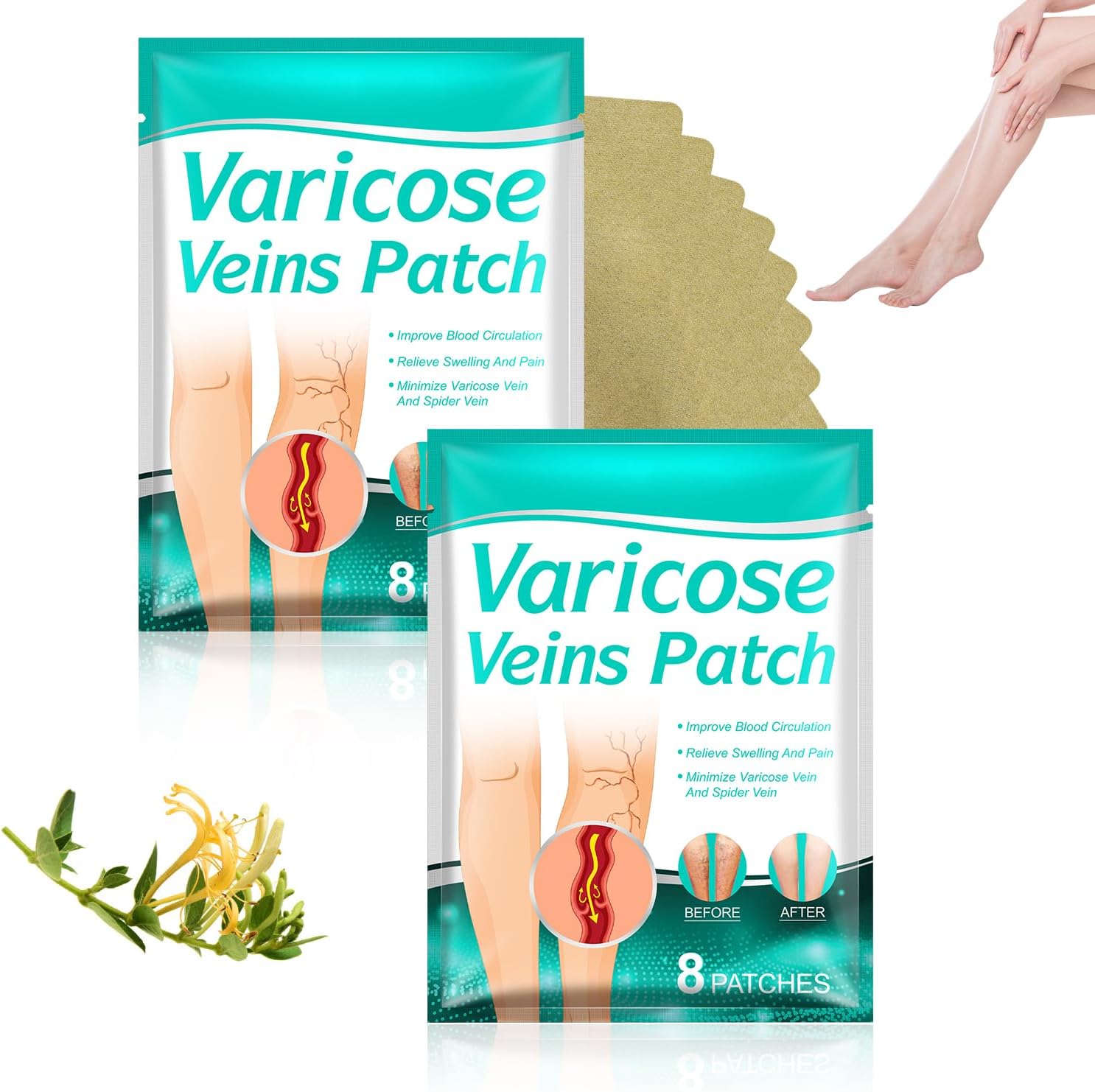 Spier LegRenew Varicose Veins Patch front packaging view showing sixteen herbal pieces for leg circulation support.
