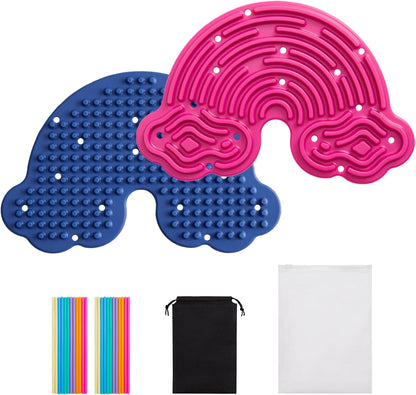 Fire Frog Sensory Activity Board Fidget Toy front view of red and blue rainbow maze design with silicone strings.