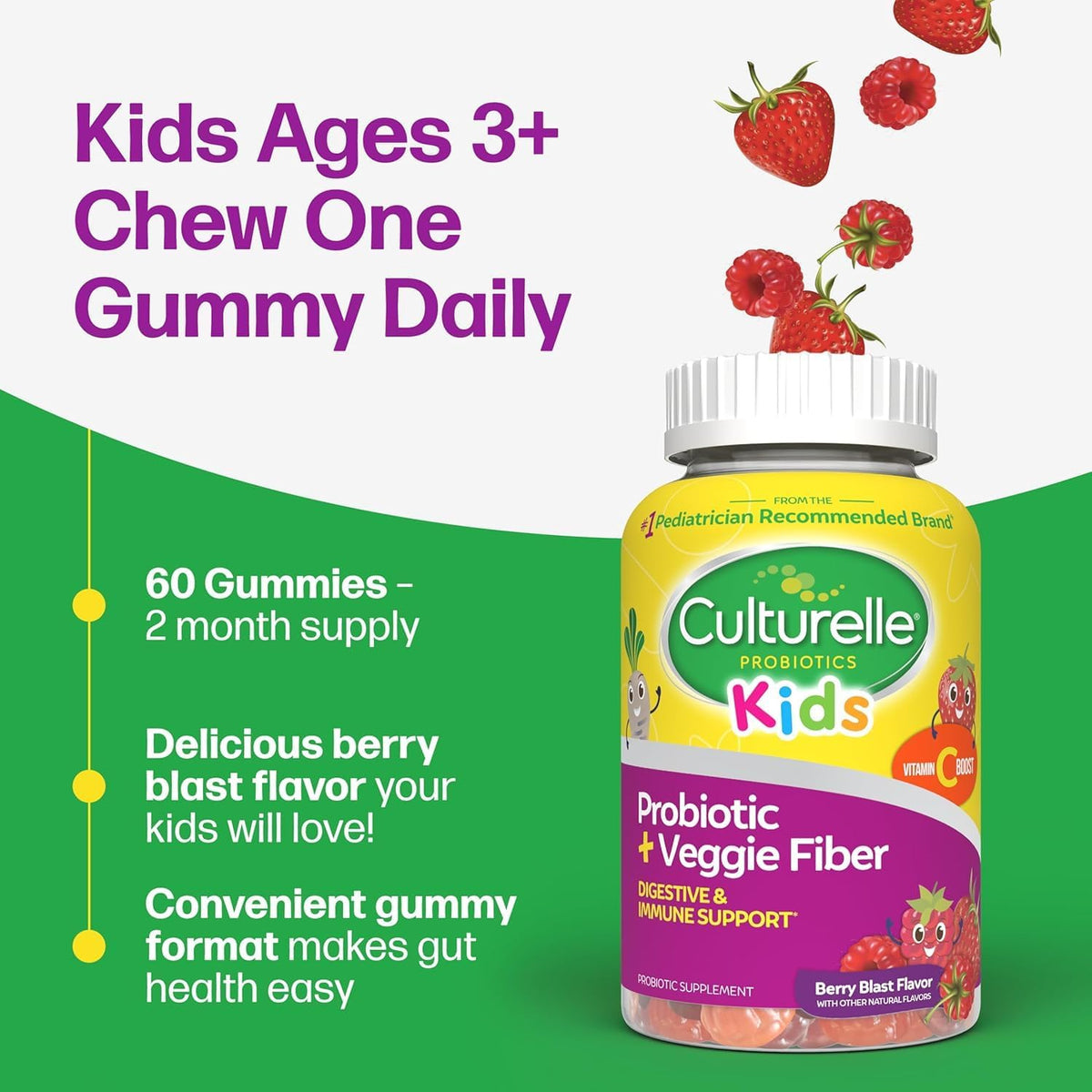 Culturelle Kids Probiotic and Veggie Fiber Gummies berry flavor side angle