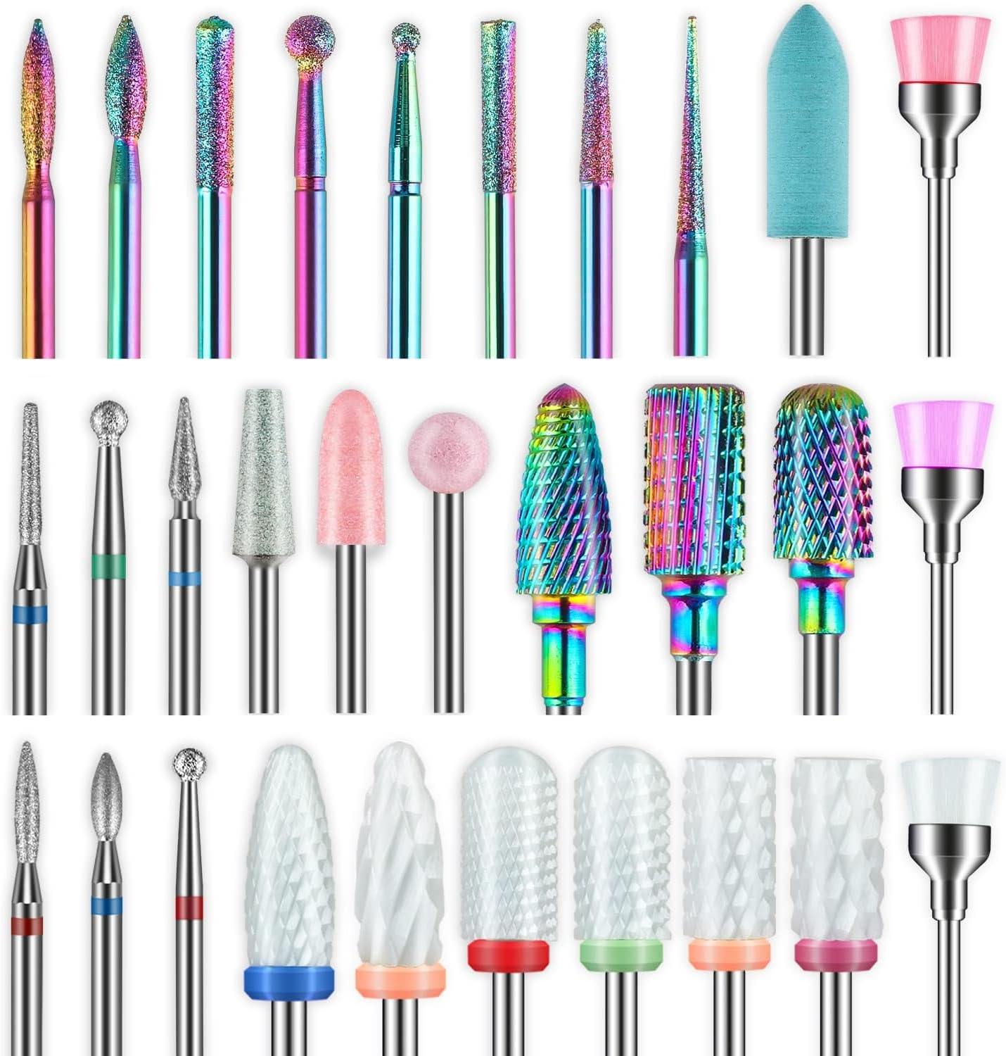 Depvko 30 piece nail drill bits set front view showcasing the complete assortment of ceramic and rainbow carbide tools inside clear plastic storage cases.