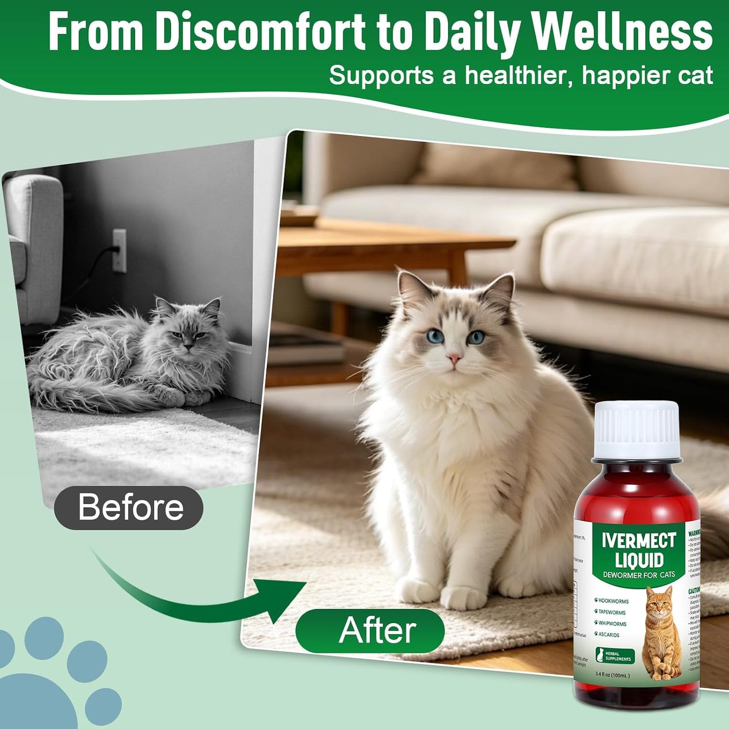 Natural pet wellness liquid treatment for feline hookworms and roundworms