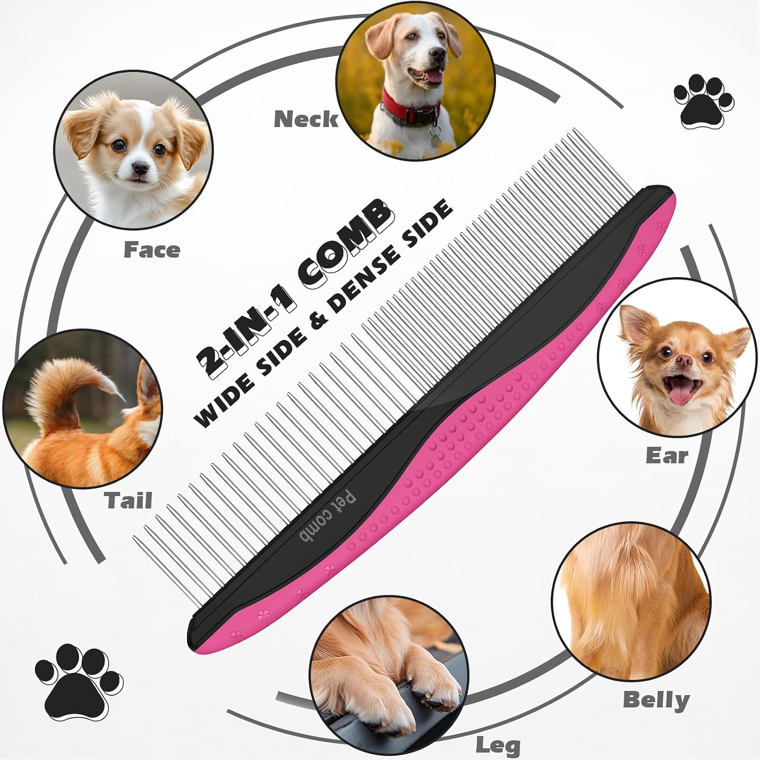Ergonomic non slip handles on pet grooming rake for comfortable detangling.