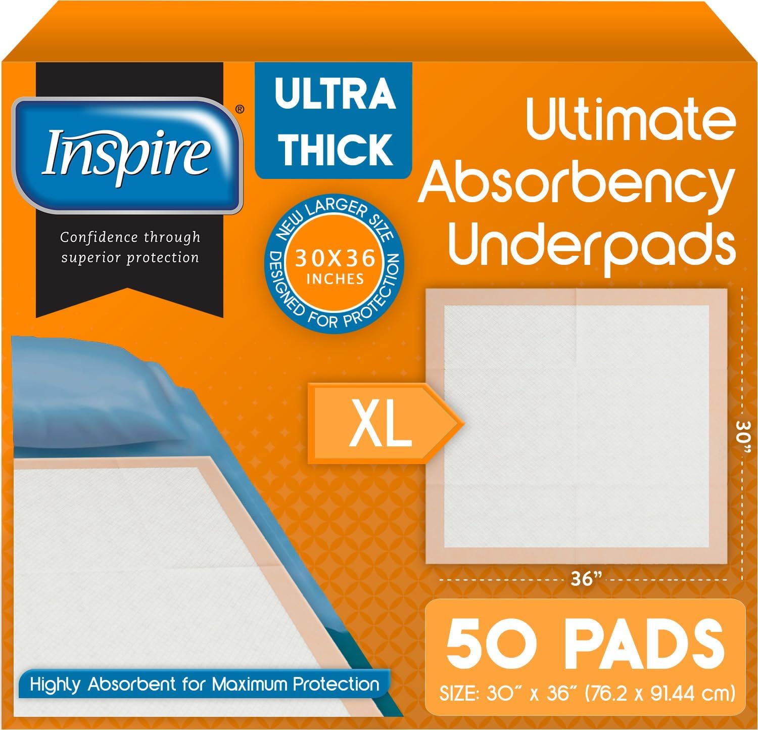 Inspire Extra Large Super Absorbent Bed Pads 50 Count front packaging view showcasing ultra thick disposable underpads.