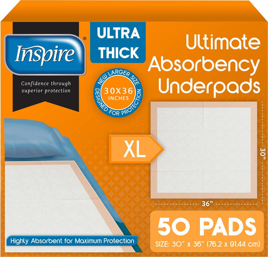 Inspire Extra Large Super Absorbent Bed Pads 50 Count front packaging view showcasing ultra thick disposable underpads.