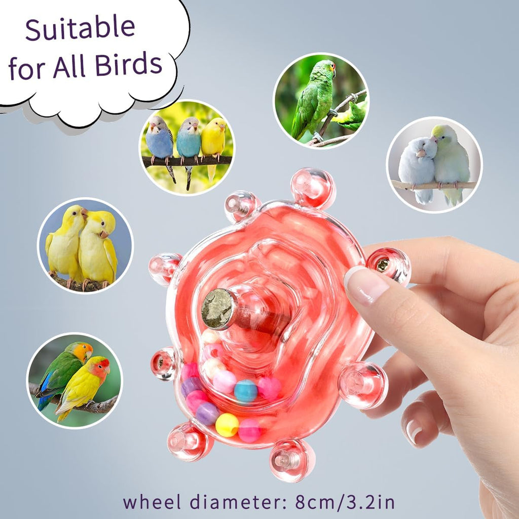 Close up of interactive parrot foraging wheel for small birds.