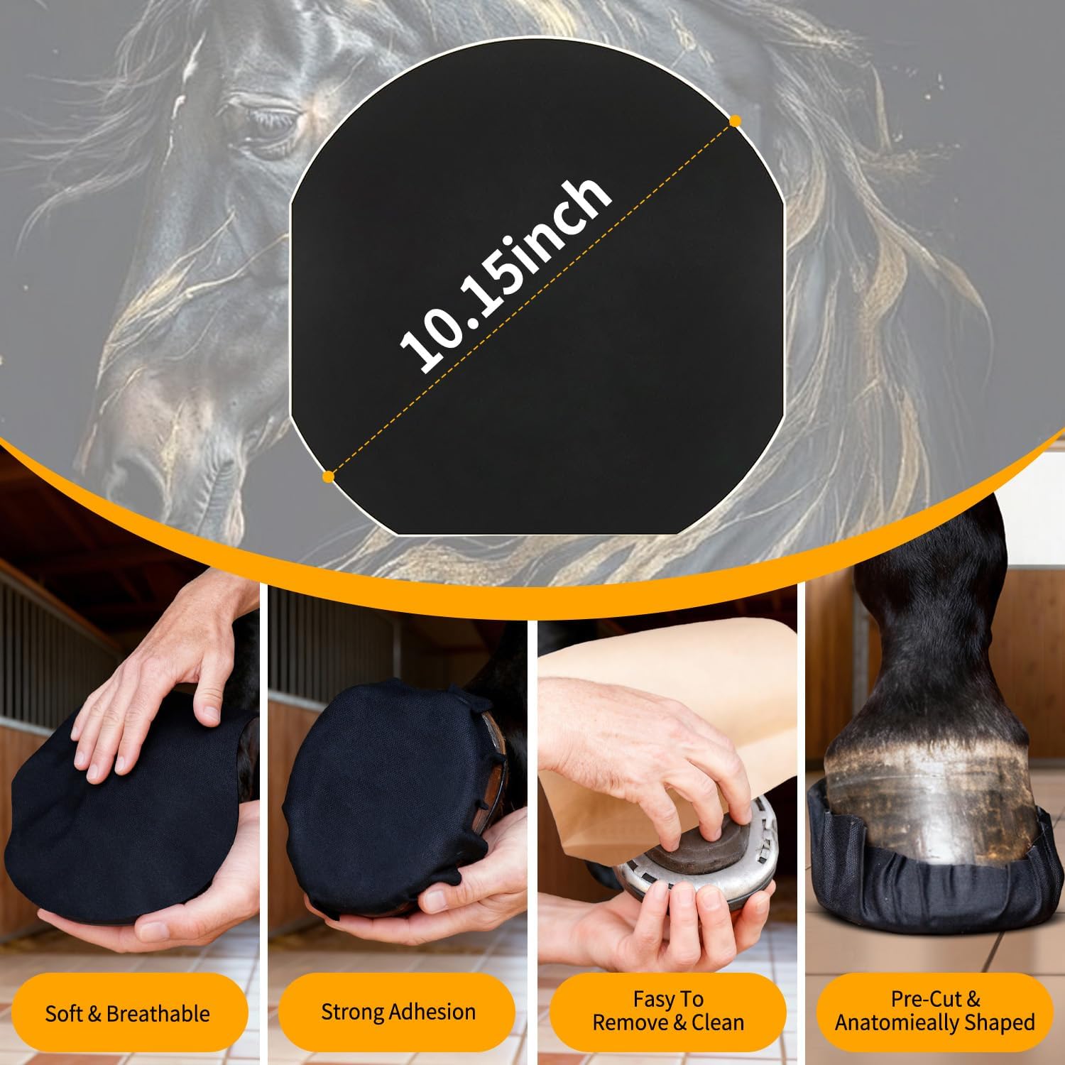 Youven strong sticky wraps for horses applied over magic cushion packing on a hoof sole.