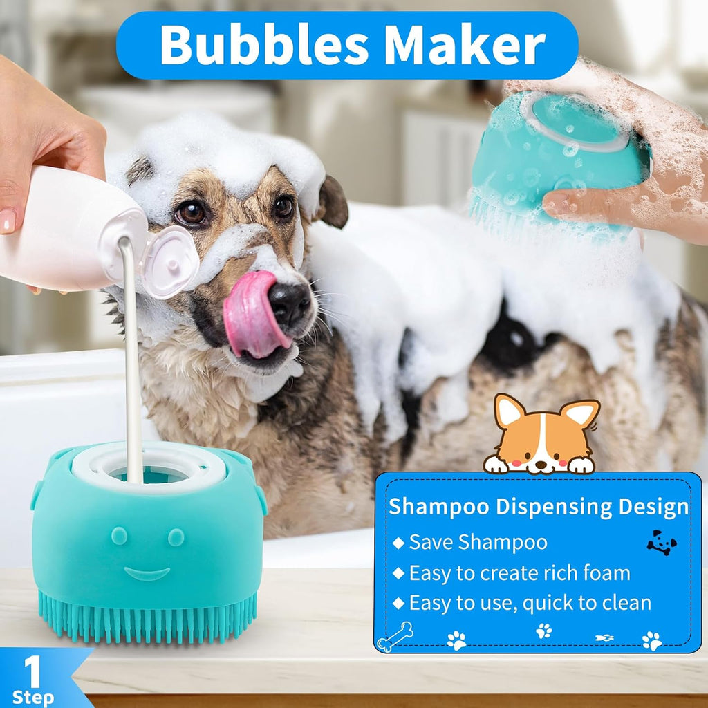Blue and white silicone pet shampoo brush with built in dispenser compartment