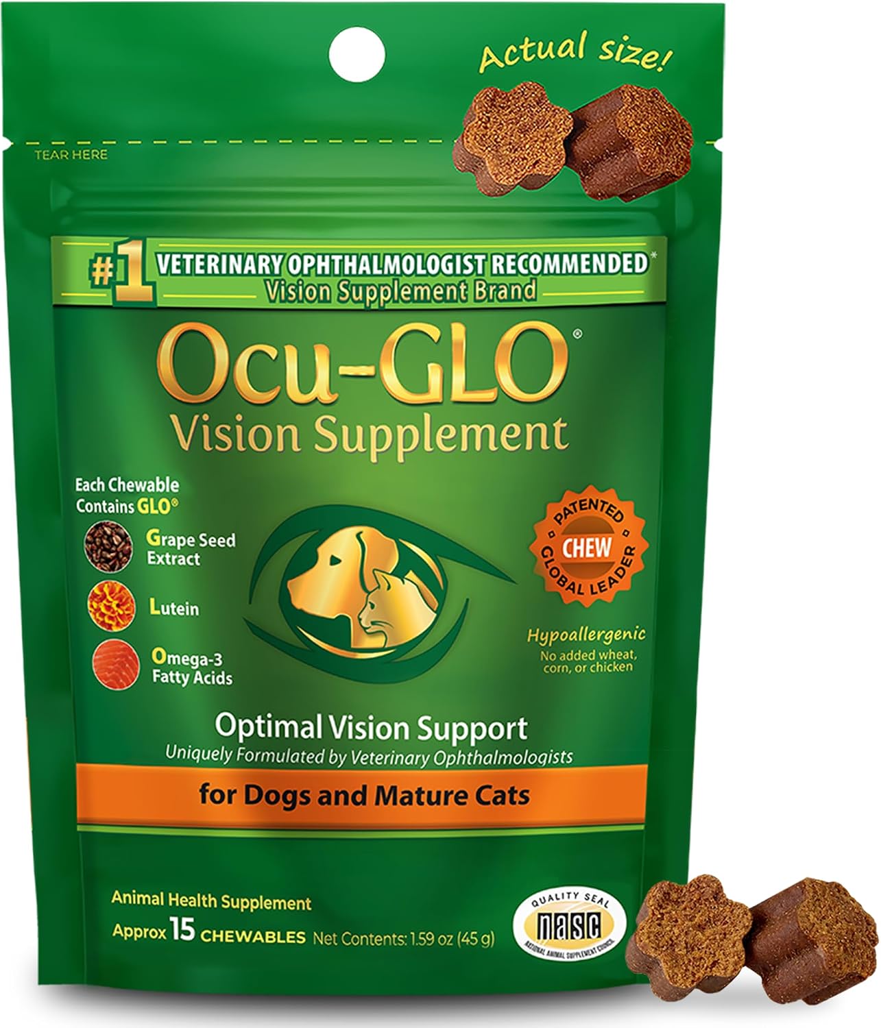 Ocu-GLO Cat & Dog Supplement for Eye Support - Chewable Vision Vitamins Supplements for Large and Small Pets Care with Lutein, Omega-3 Fatty Acids, Grape Seed Extract & Antioxidants - Image 10