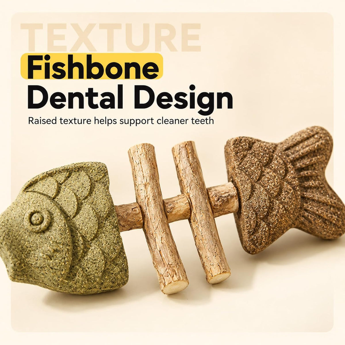 Catnip and silvervine chew toy showing dental cleaning texture