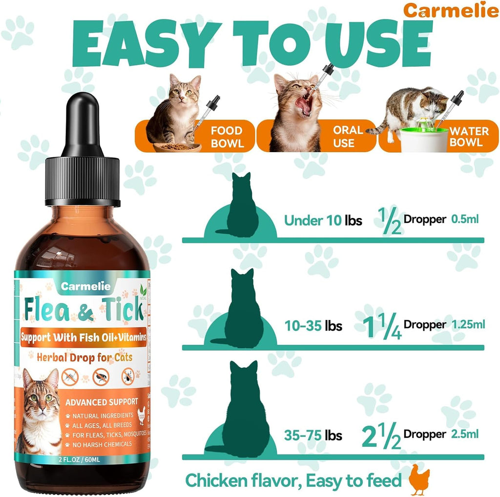 Two fluid ounce bottle of Carmelie flea defense for all cat breeds