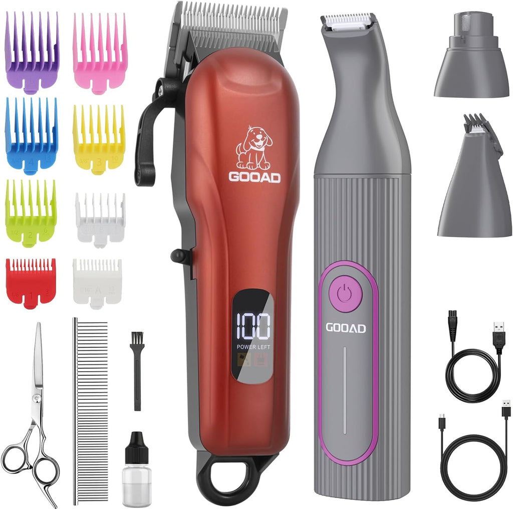 Gooad cordless dog shaver showing the rear charging port interface and the durable silver palladium alloy motor housing construction.