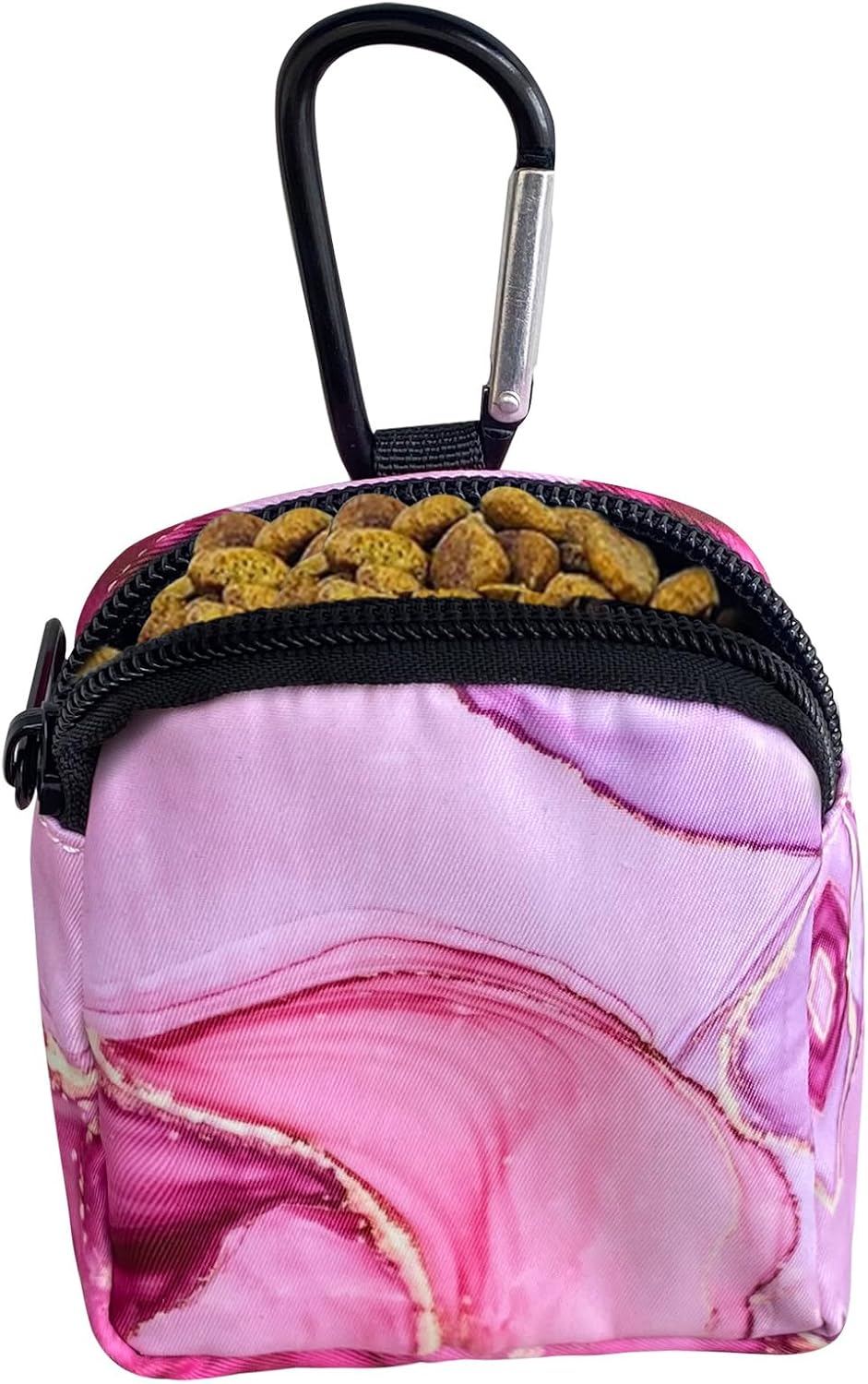 TIHGJHY hands-free dog walking bag clipped onto a pet harness chest strap for easy travel accessibility.