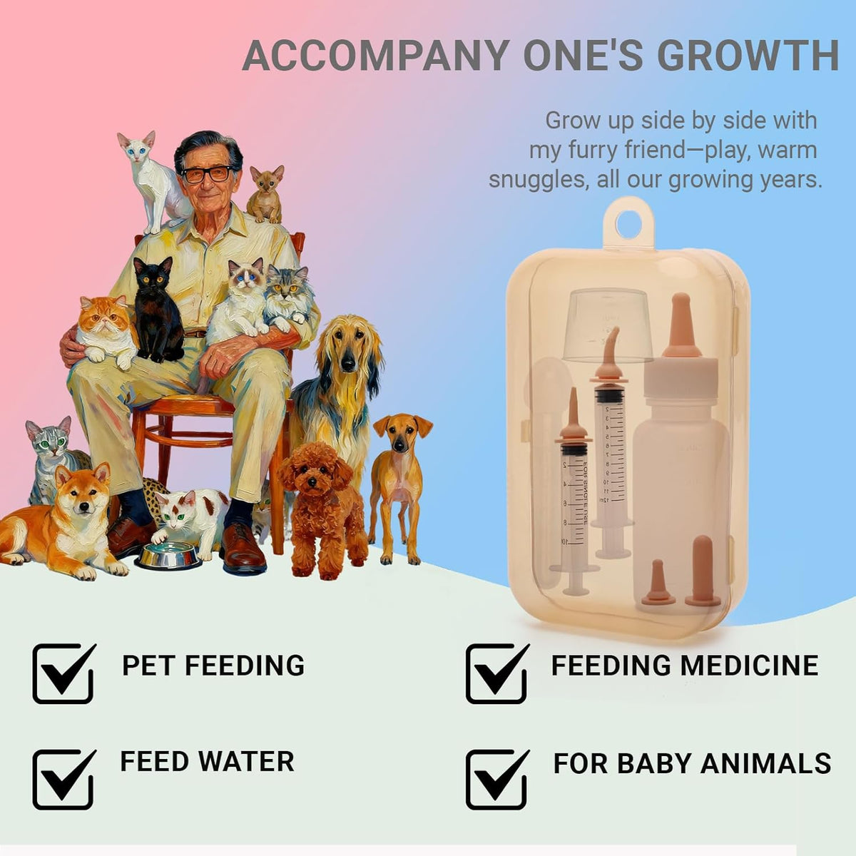 LIAOKAITOU newborn animal feeder set showing the curved tube syringe and calibrated measuring spoon
