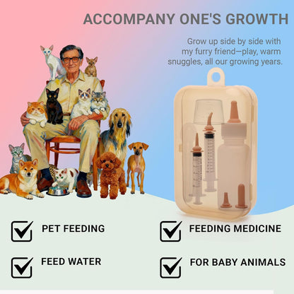 LIAOKAITOU newborn animal feeder set showing the curved tube syringe and calibrated measuring spoon